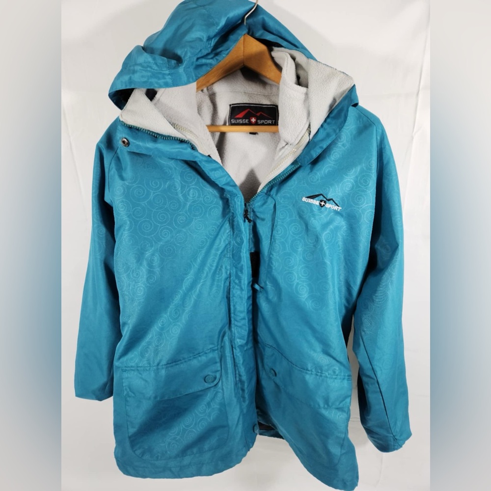 SUISSE SPORT Blue & Gray Hooded Winter Jacket With Attached Fleece Liner XL
